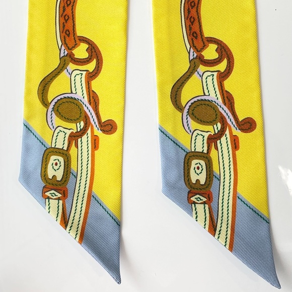 HERMES SILK YELLOW BEIGE BROWN BLUE Bandeau TWILLY WRAP SET OF 2 - Picture 13 of 16
